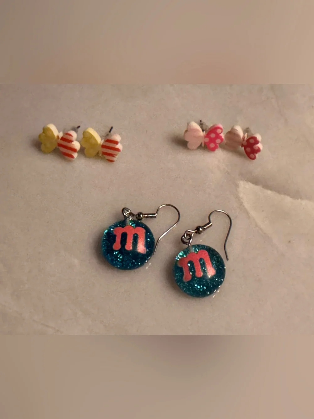 Set of 3 Kids Blue Glitter 'm' Dangle Earrings - Pink Accent